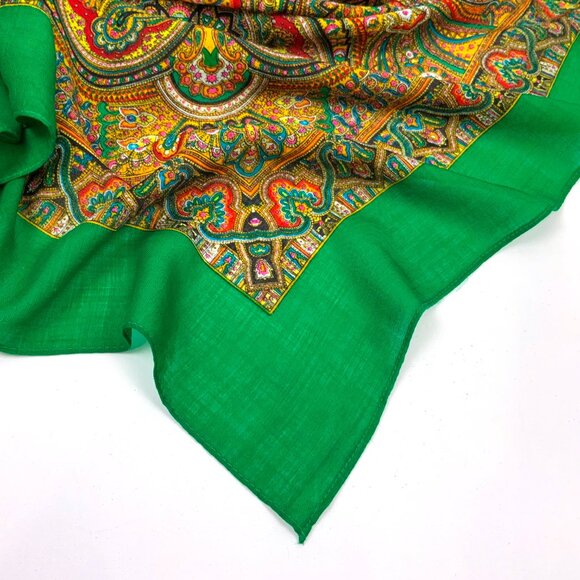Vintage 80's Square 100% Wool Green Scarf Shawl Intricate Paisley Design. - Picture 12 of 16
